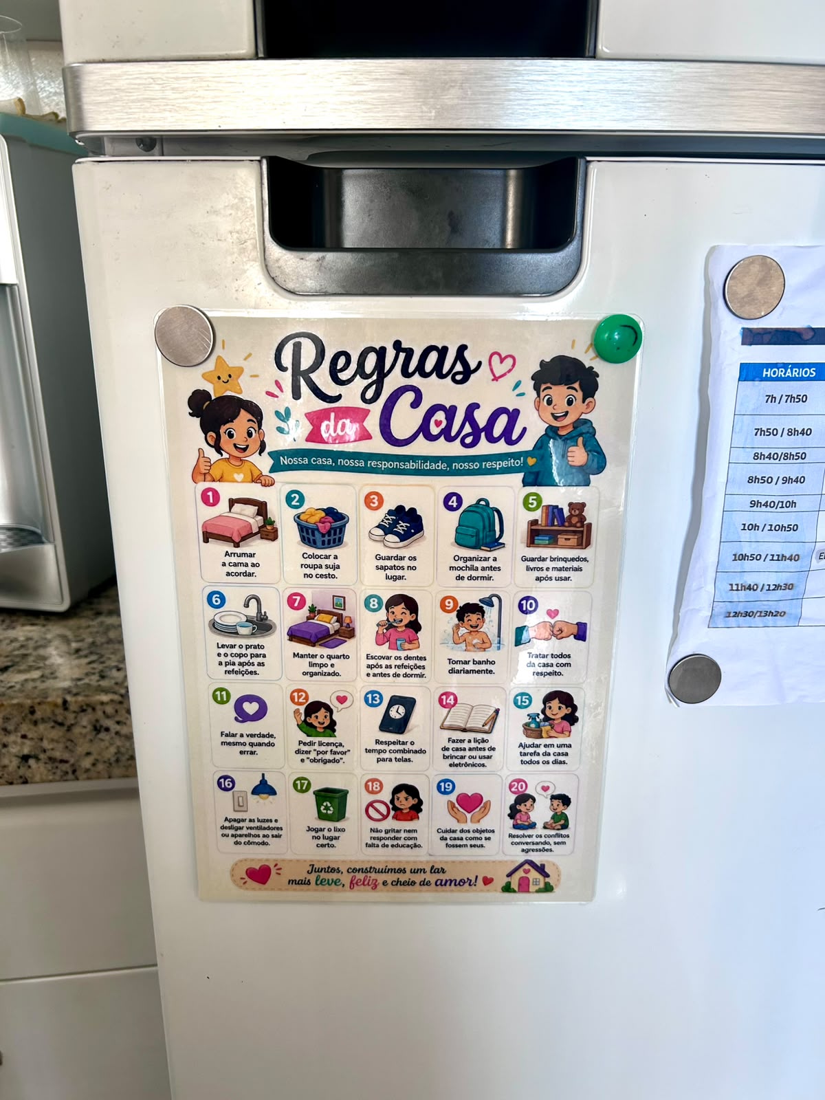 Foto enviada pela cliente mostrando o quadro Regras da Casa na geladeira